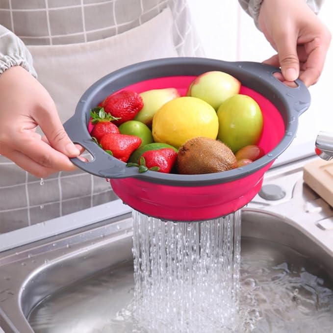 Qimh Collapsible Colander Set of 3 Round Silicone Kitchen Strainer Set - 2 pcs 4 Quart and 1 pcs 2 Q