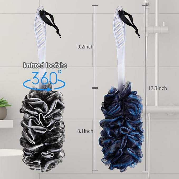 2Pack Loofah Sponge, Qewro Dual-Sided Loofah on a Stick Exfoliating Body with Long Handle, Body Scru