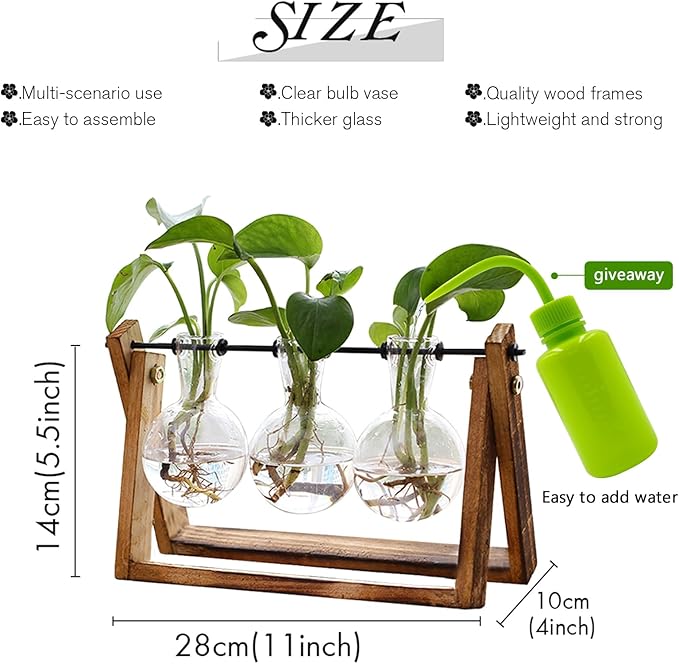 XXXFLOWER Plant Terrarium with Wooden Stand, Air Planter Bulb Glass Vase Metal Swivel Holder Retro T