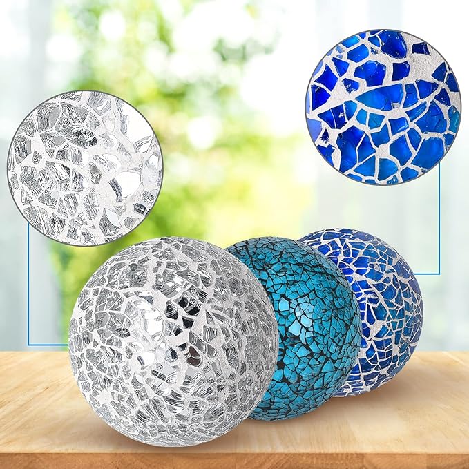 6Pcs Decorative Ball Set, 6cm/2.4inch Mosaic Glass Orbs Centerpiece Balls Decoration Glass Solid Bal