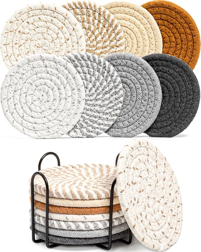 8 Pcs Drink Coasters with Holder, 8 Colors Absorbent Coasters for Drinks Minimalist Cup Coasters Cot